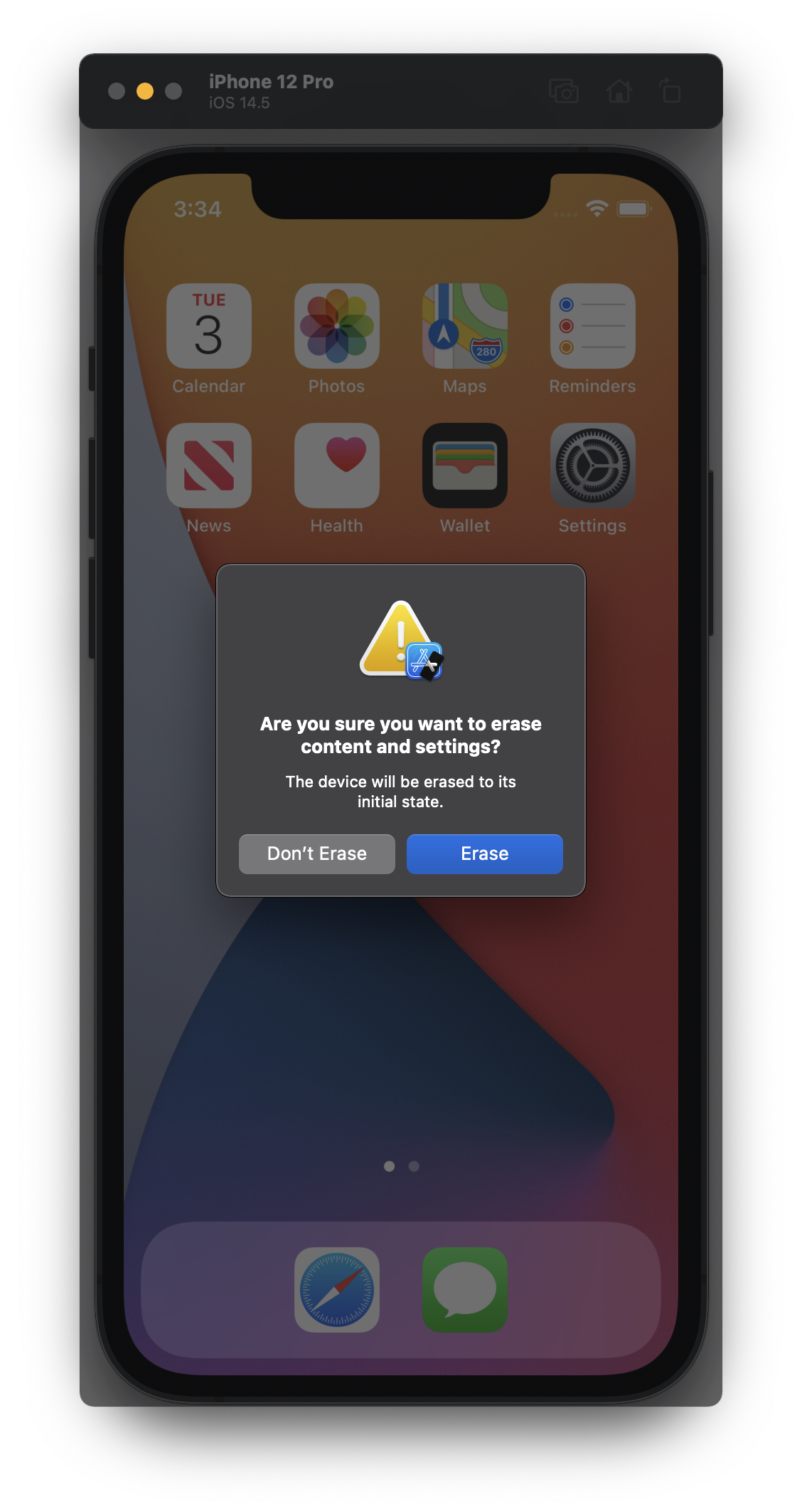 Xcode 시뮬레이터의 콘텐츠를 지우는 팝업이 뜬 화면